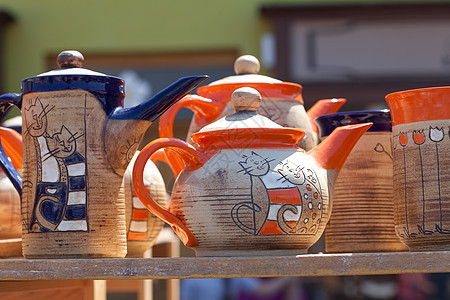 集市的陶瓷茶壶餐具蓝色黑色工艺绿色传统艺术黏土市场水平图片