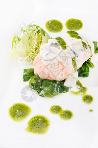奶油酱中的鲑鱼粉油炸午餐沙拉食物鱼子牛扒菠菜韭葱海鲜宏观图片