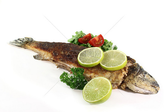 鳟鱼磨粉机绿色烧烤午餐酸度红色沙拉烘烤海鲜黄色盘子图片