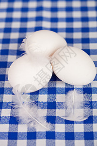 三只鸡蛋和羽毛食物营养棕色制品陶瓷白色桌布烹饪餐巾斑点图片