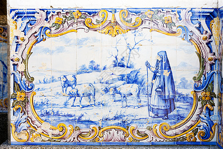 葡萄牙火车站的瓷砖azulejos艺术装饰农村国家绘画蓝色外观图片
