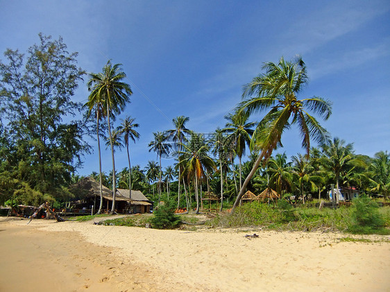 柬埔寨 泰国湾 Koh Russei岛的桑迪海滩平房热带海洋棕榈竹子海岸线天堂旅游支撑海岸图片