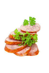 配绿色蔬菜的香菜午餐沙拉食物香肠火腿炙烤猪肉图片