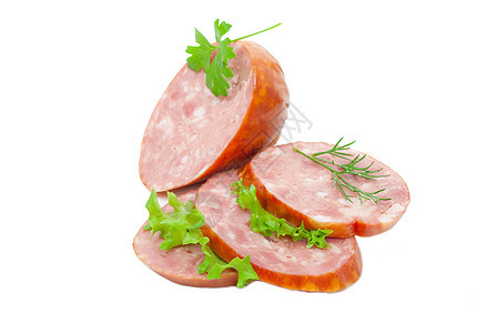 配绿色蔬菜的香菜炙烤食物香肠火腿沙拉猪肉午餐图片