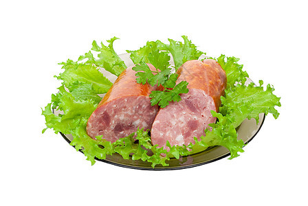 配绿色蔬菜的香菜火腿午餐沙拉香肠猪肉食物炙烤图片