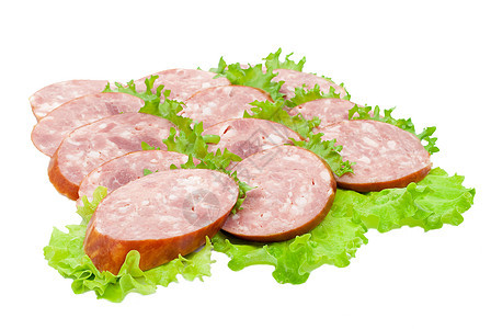 配绿色蔬菜的香菜香肠猪肉火腿沙拉午餐炙烤食物图片