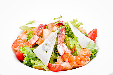 带虾和奶酪的沙律白色小吃绿色沙拉盘子海鲜橙子图片