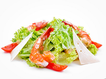 带虾和奶酪的沙律白色盘子小吃沙拉海鲜橙子绿色图片