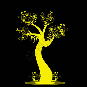 艺术树植物插图风格树干生长叶子漩涡黄色黑色装饰图片