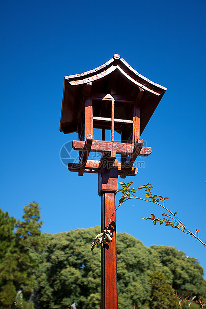 蓝天背景的日光灯笼森林冥想文化公园竹子房子植物池塘石头叶子图片