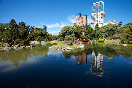 日本花园和蓝天背景下的摩天大楼 蓝色天空背景图片