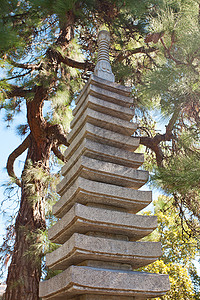 绿树背景的石头塔石塔季节叶子公园园艺小路石头森林天空灯笼池塘图片