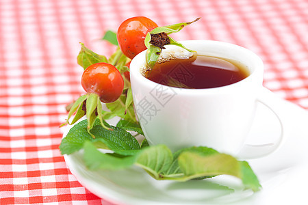 茶杯和玫瑰花果 用树叶敷在格形织布上野餐野蔷薇叶子植物学草本植物手工荒野杯子美丽格子图片