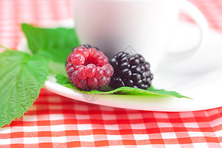 茶杯 草莓和黑莓 用白边织布上叶子早餐手工作品飞碟饮食国家格子营养覆盆子浆果图片
