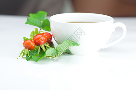 茶杯和玫瑰花果 白底的叶子植物浆果植物群水果药品食物植物学杯子荒野草本植物图片