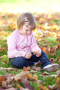 美丽的小女孩坐在秋天的树叶上童年孩子女孩快乐女儿季节压痛橙子公园微笑图片