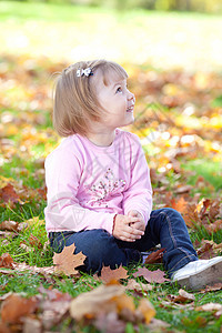 美丽的小女孩坐在秋天的树叶上快乐乐趣红色童年叶子孩子森林橙子女儿压痛图片