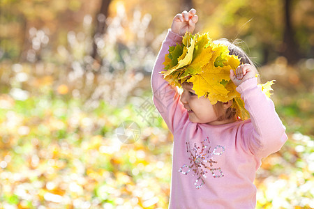 美丽的小女孩 在秋前秋叶的青树叶花圈中微笑森林幸福孩子女性压痛女儿快乐公园叶子图片