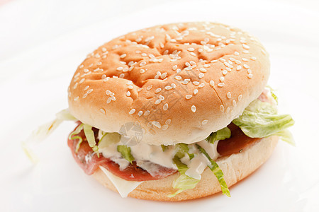白色的汉堡包午餐胡椒野餐牛扒小吃宏观芝麻牛肉火腿营养图片