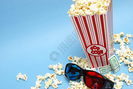 3D 电影娱乐小吃食物票房展示剧院爆米花眼镜闲暇乐趣静物图片