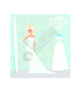 穿着婚纱在美容厅的新娘订婚插图朋友们婚宴涂鸦图标矢量婚礼系列连衣裙图片
