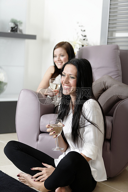 两位朋友在看电视酒精女士玻璃椅子说谎设计师乐趣房间快乐休息室图片