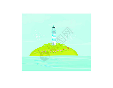 岛上的灯塔旅行海滩海洋航行海岸线阳光涂鸦石头海报日落图片