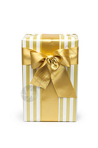 金色双色的礼物盒 配有金色的带和弓 在白色背景上隔绝零售纪念日盒子生日包装正方形庆典纸板金子丝带图片