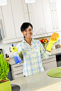 青年妇女清洁厨房手套橡皮家务消毒剂琐事微笑女佣工作主妇海绵图片