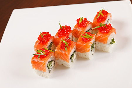 日本寿司宣传单寿司在盘子上海藻餐厅异国午餐情调美食熏制食物海鲜服务背景