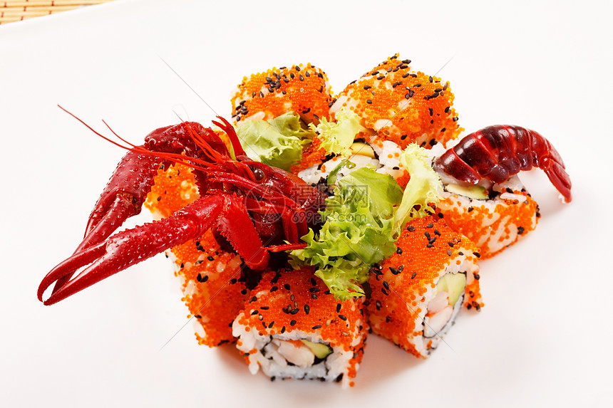 有癌症的寿司小龙虾螃蟹文化海鲜海苔宏观芝麻餐厅奶油海藻图片