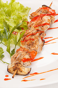 鸡肉串加番茄酱餐具肉汁盘子美食食物绿色午餐小吃蔬菜火鸡图片