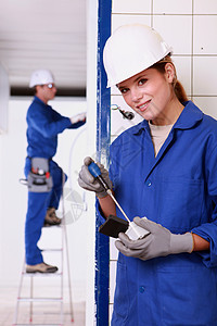 电工修理安全帽工作工作服劳动女士插座插头手套蓝色图片