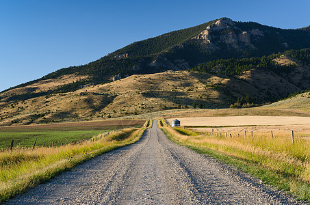 美国蒙大拿加拉廷州Gallatin县 石块路 农田和Briger山脉图片