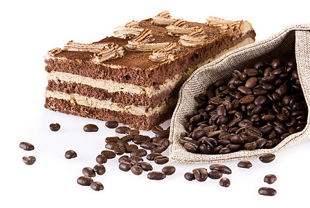 提拉米苏蛋糕加一袋咖啡小吃蛋糕糖果奶油巧克力糕点生日豆子咖啡食物图片