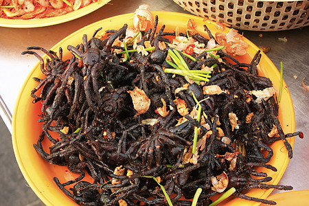 出售的炸鸡 柬埔寨绿色漏洞情调毛虫蟑螂托盘食物小吃美食昆虫图片