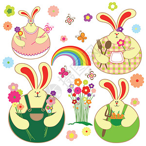 一套彩色兔子和春假花图片