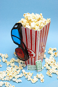 3D 电影娱乐静物展示乐趣剧院票房闲暇食物眼镜爆米花小吃图片