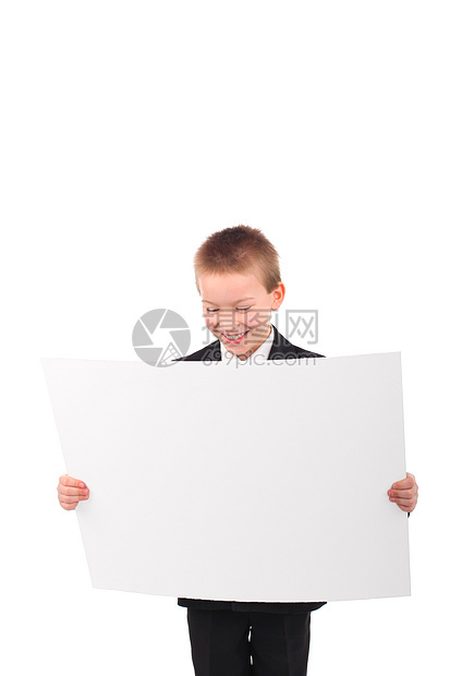 带空白纸的男孩青年喜悦幸福童年卡片路标纸板微笑青少年瞳孔图片