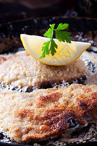 在锅里煎炸鸡肉饼气泡肉片香菜厨房牛肉烹饪盘子牛扒草本植物美食图片