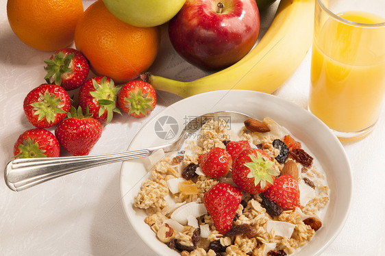 健康早餐薄片水果盘子玉米片燕麦谷物美食麦片纤维玻璃图片
