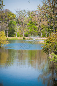 美丽的池塘水喷泉反射天空公园风景树木绿色植物高尔夫球建筑叶子图片