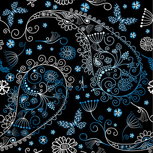 黑色无缝花卉形态风格圆圈纺织品马赛克穿越裂缝蓝色蝴蝶白色剪影背景图片