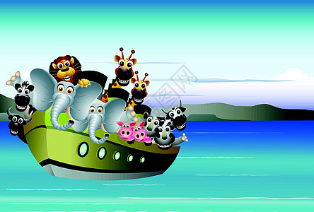 大轮船上的有趣的动物漫画图片