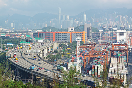 香港集装箱集装箱码头和石板桥加装天空运输运动建筑辉光景观曲线市中心城市地标图片