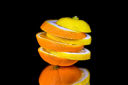 切片水果镜面作品黑色饮食背景柠檬食物工作室口渴营养图片