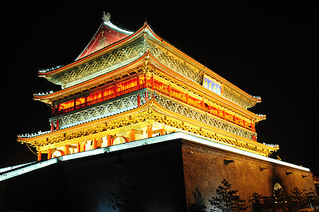中国西安鼓塔黑色旅行历史性钟楼建筑学夜景天空地标城市风景图片