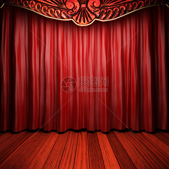舞台上的红织布窗帘织物装潢红色衣服装饰出版物风格仪式歌剧推介会图片