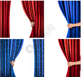 红色和蓝色天鹅绒窗帘和手 Ve图片