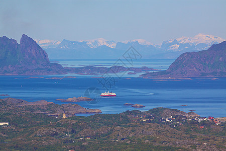 挪威的洛弗顿群岛岛屿渡船海岸全景风景峡湾客船巡航海洋血管图片